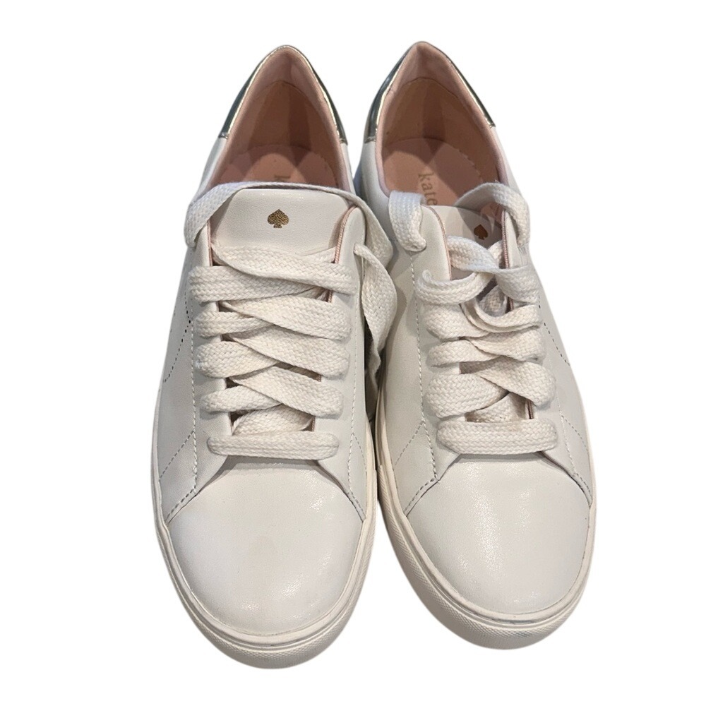 Kate Spade New York Angelica White Leather Metallic Gold Spade Sneakers 8.5B